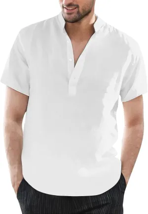 Men's Casual Henley Shirts Cotton Linen Short Sleeve V Neck Band Collar T-Shirts Beach Summer Hippie Lightweight Tops