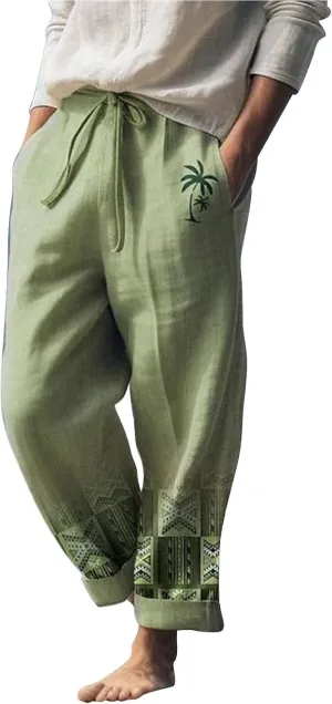 Men's Casual Linen Pants Elastic Waist Pattern Color Block Geometric Pattern Breathable Soft Straight-Legs Summer