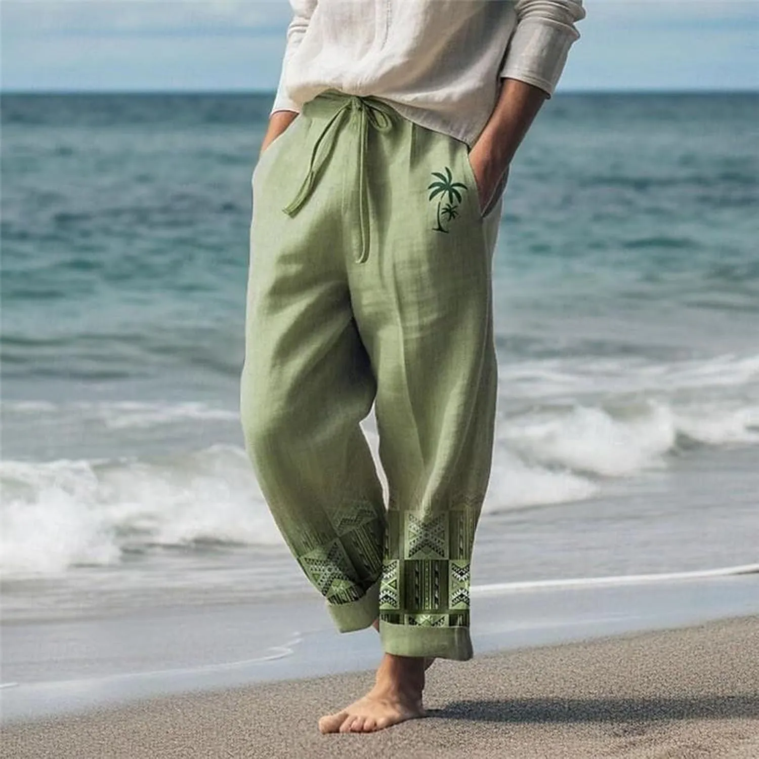 Men's Casual Linen Pants Elastic Waist Pattern Color Block Geometric Pattern Breathable Soft Straight-Legs Summer