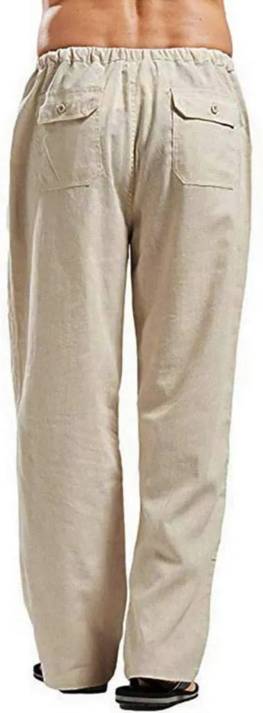 Mens Casual Linen Pants Extra Tall Summer Elastic Waist Straight Leg Loose Fit Beach Trousers Big and Tall Slacks