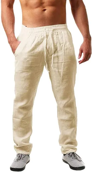 Mens Casual Linen Pants Loose Straight-Legs Joggers Cool Hip Hop Yoga Beach Trouser Elastic Waist Sweatpant for Men