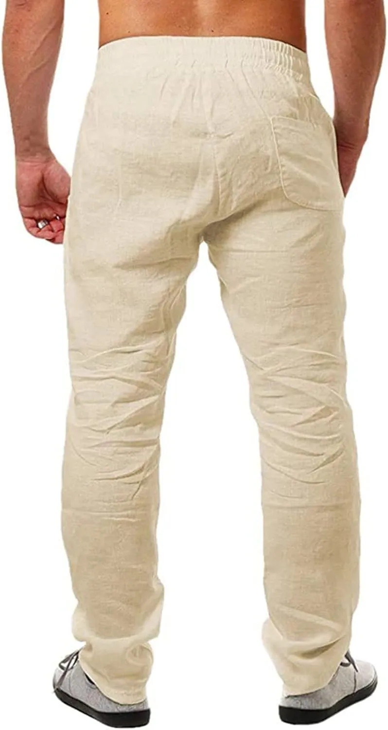 Mens Casual Linen Pants Loose Straight-Legs Joggers Cool Hip Hop Yoga Beach Trouser Elastic Waist Sweatpant for Men