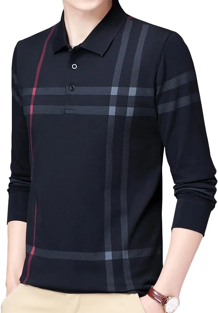 Mens Casual Striped Cotton Long Sleeve Collared T Shirt Polo Shirts