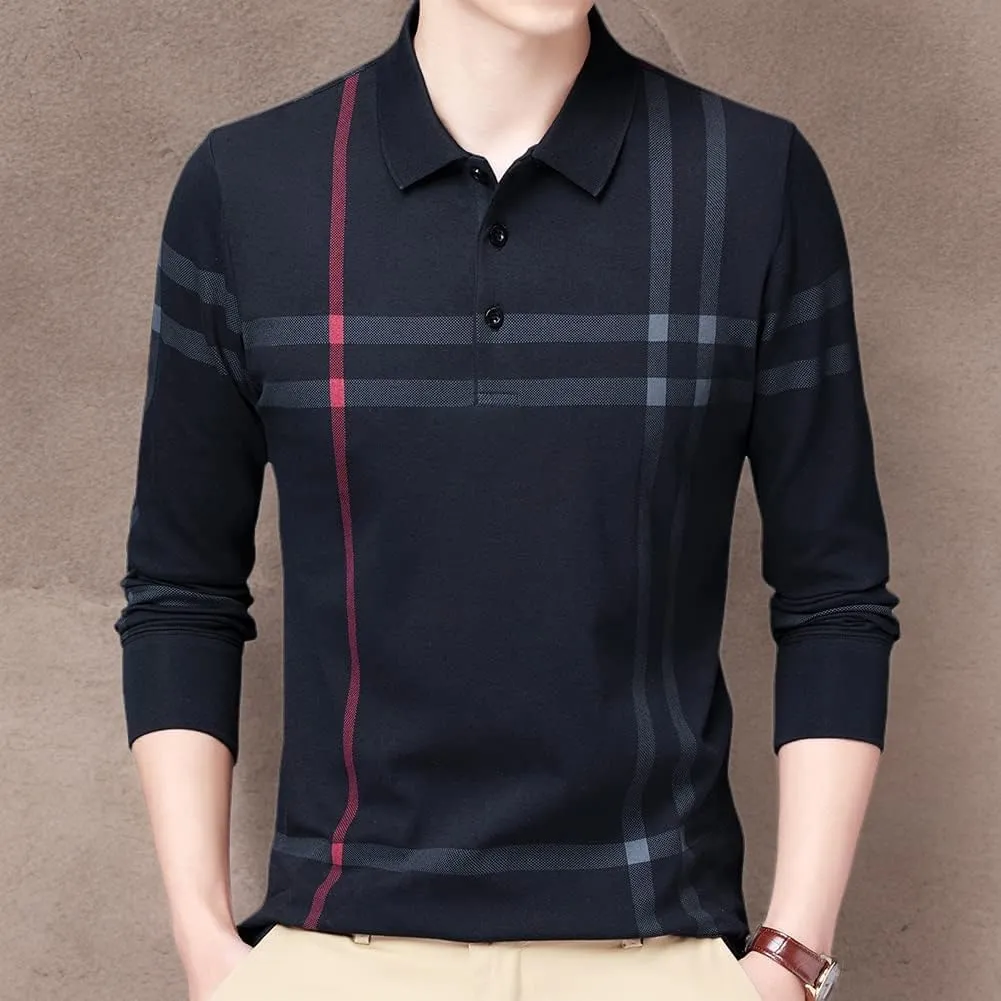 Mens Casual Striped Cotton Long Sleeve Collared T Shirt Polo Shirts