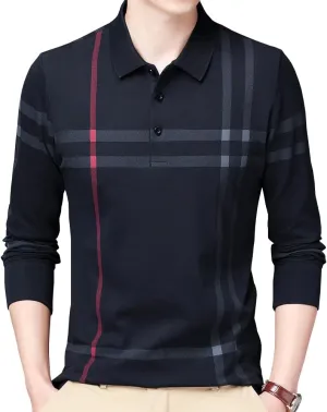 Mens Casual Striped Cotton Long Sleeve Collared T Shirt Polo Shirts