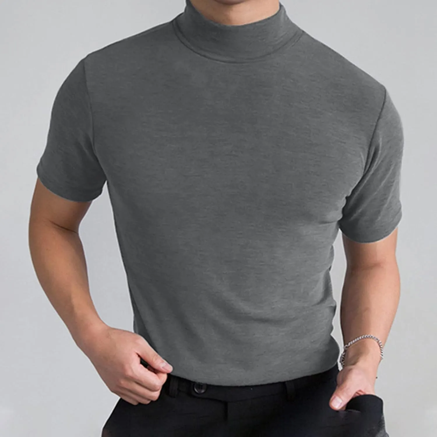 Men's Compression Shirts Mock Neck Sweater Fashion Short Sleeve Turtleneck T Shirt Slim Fit Pullover Thermal Shirts