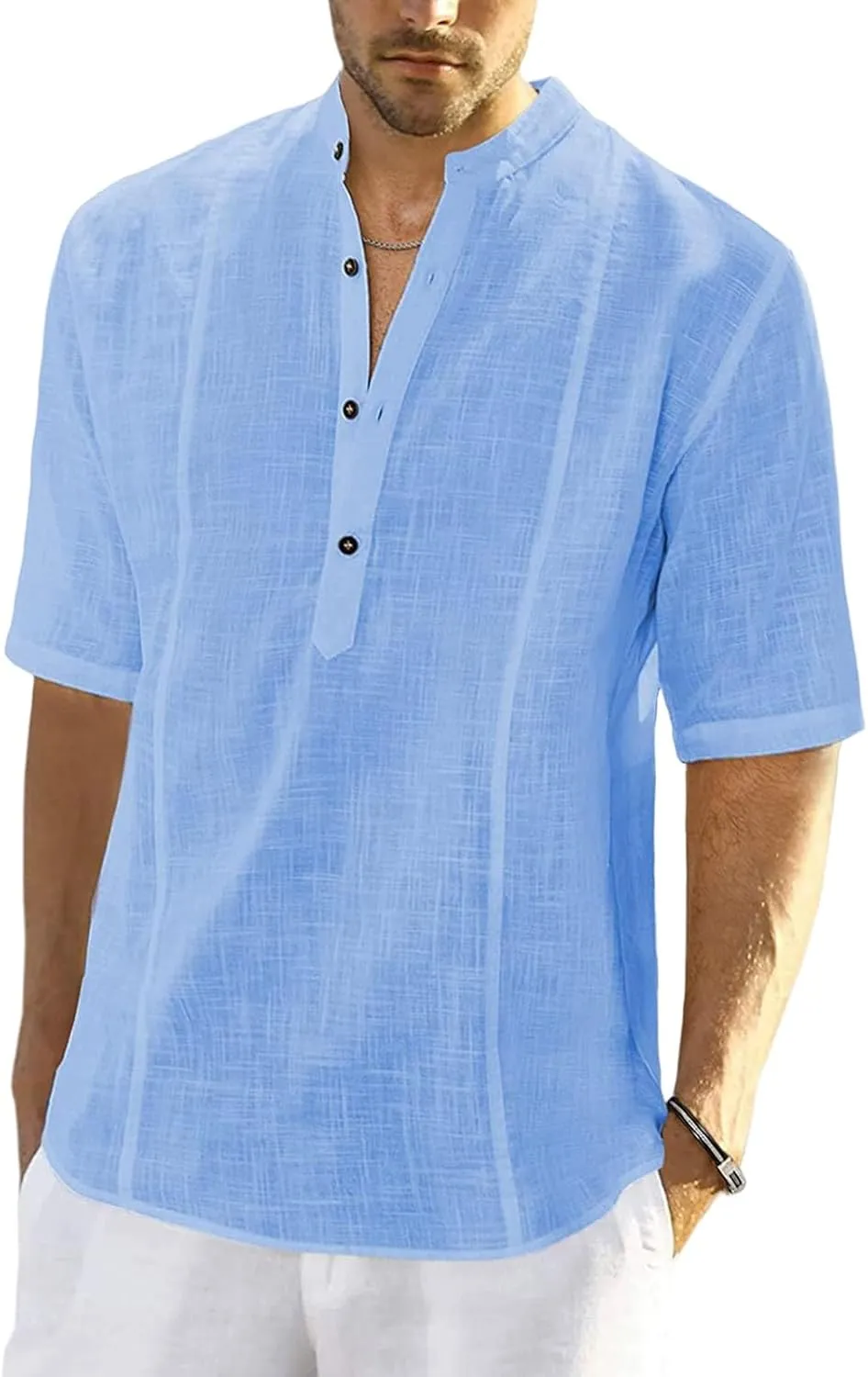 Men's Cotton Linen Henley Shirts Casual Button Down Short Sleeve Tropical Shirts Summer Beach T Shirts