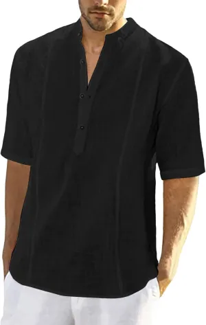 Men's Cotton Linen Henley Shirts Casual Button Down Short Sleeve Tropical Shirts Summer Beach T Shirts