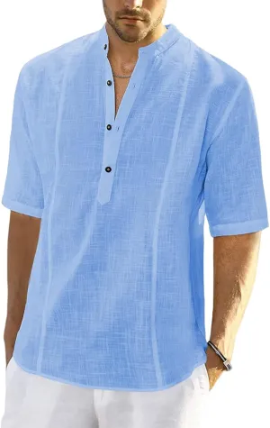 Men's Cotton Linen Henley Shirts Casual Button Down Short Sleeve Tropical Shirts Summer Beach T Shirts