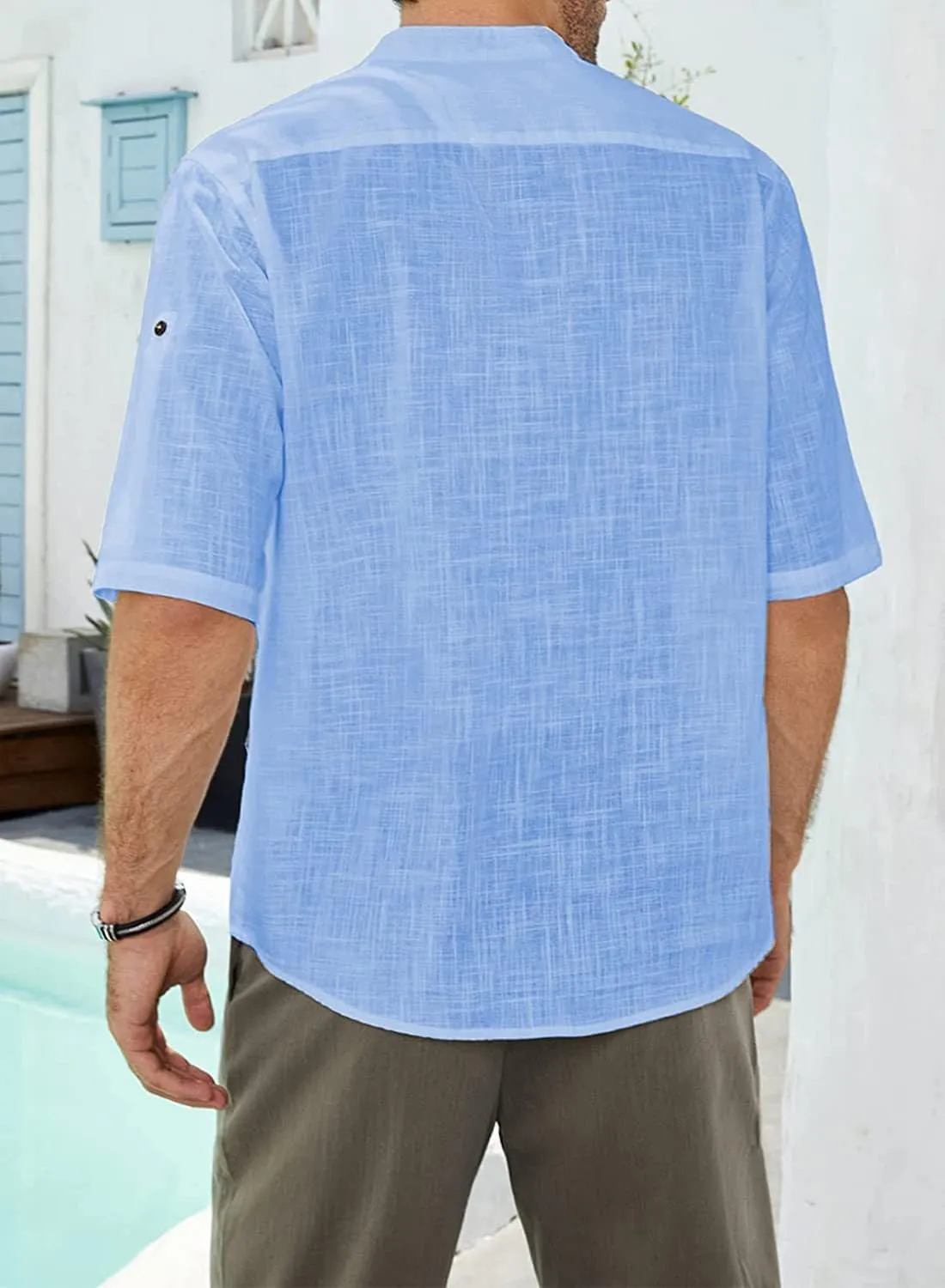 Men's Cotton Linen Henley Shirts Casual Button Down Short Sleeve Tropical Shirts Summer Beach T Shirts