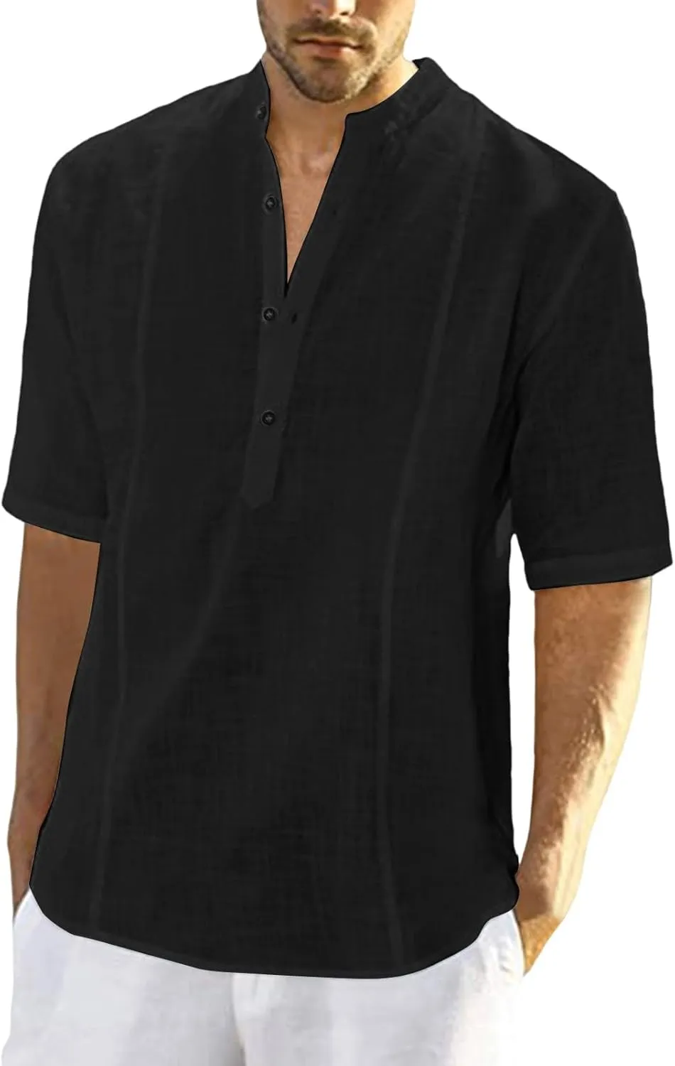 Men's Cotton Linen Henley Shirts Casual Button Down Short Sleeve Tropical Shirts Summer Beach T Shirts
