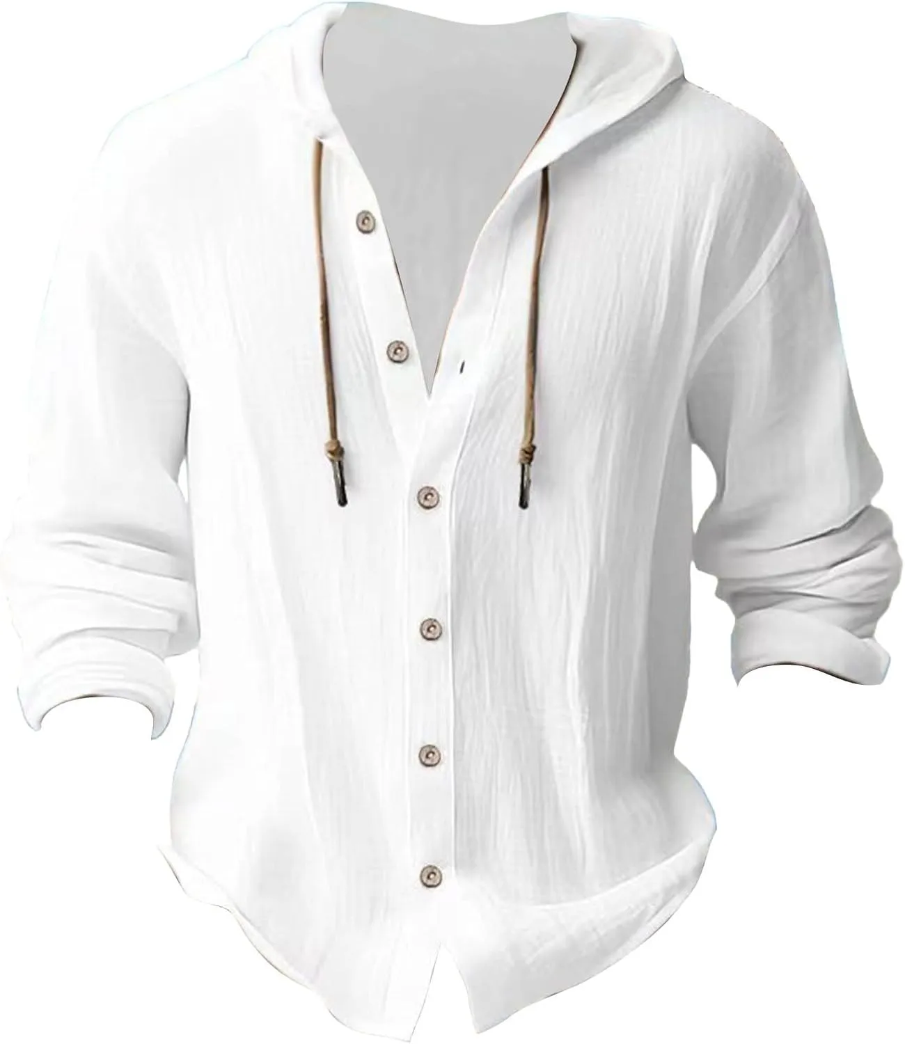 Mens Cotton Linen Hooded Shirts Casual Button Down Shirts Long Sleeve Roll-Up Sleeve Summer Beach Shirts Tops with Hood