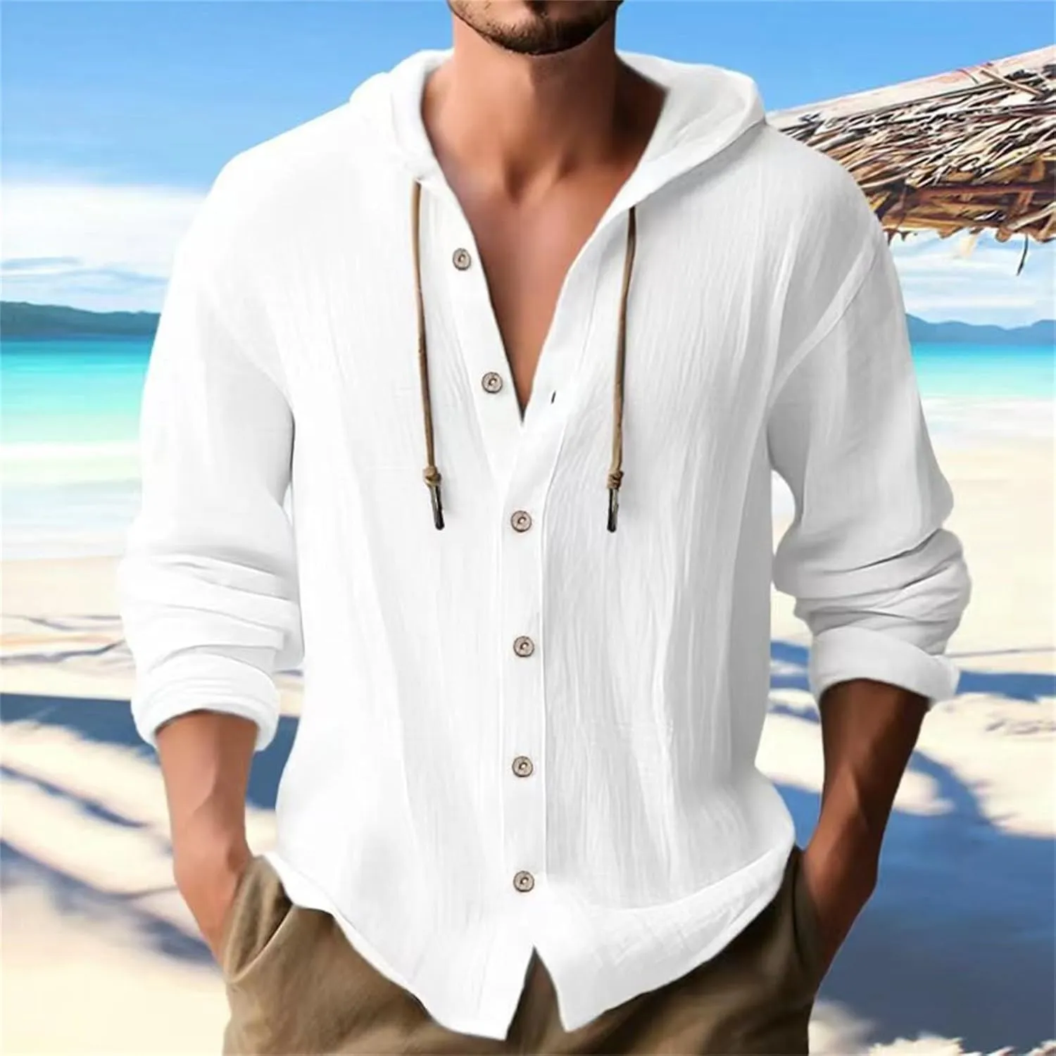 Mens Cotton Linen Hooded Shirts Casual Button Down Shirts Long Sleeve Roll-Up Sleeve Summer Beach Shirts Tops with Hood