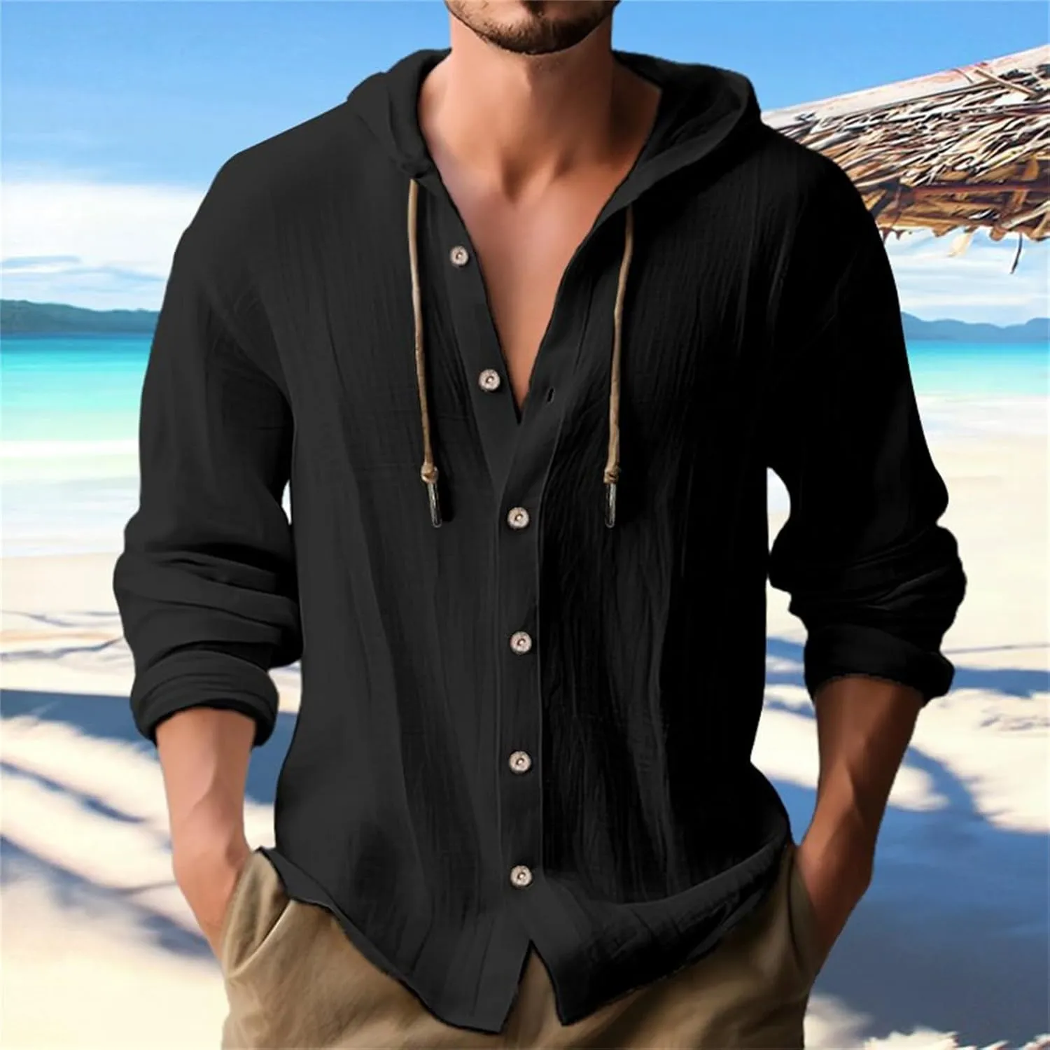 Mens Cotton Linen Hooded Shirts Casual Button Down Shirts Long Sleeve Roll-Up Sleeve Summer Beach Shirts Tops with Hood