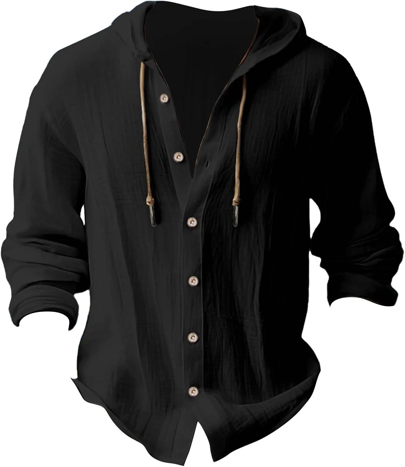 Mens Cotton Linen Hooded Shirts Casual Button Down Shirts Long Sleeve Roll-Up Sleeve Summer Beach Shirts Tops with Hood