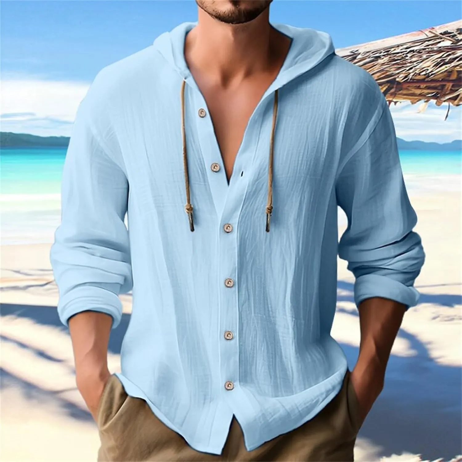 Mens Cotton Linen Hooded Shirts Casual Button Down Shirts Long Sleeve Roll-Up Sleeve Summer Beach Shirts Tops with Hood