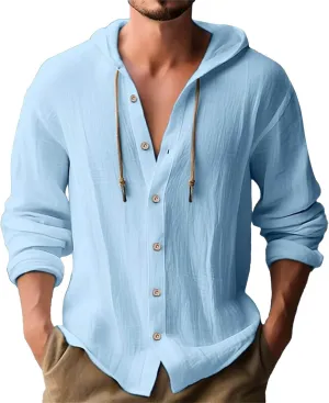 Mens Cotton Linen Hooded Shirts Casual Button Down Shirts Long Sleeve Roll-Up Sleeve Summer Beach Shirts Tops with Hood