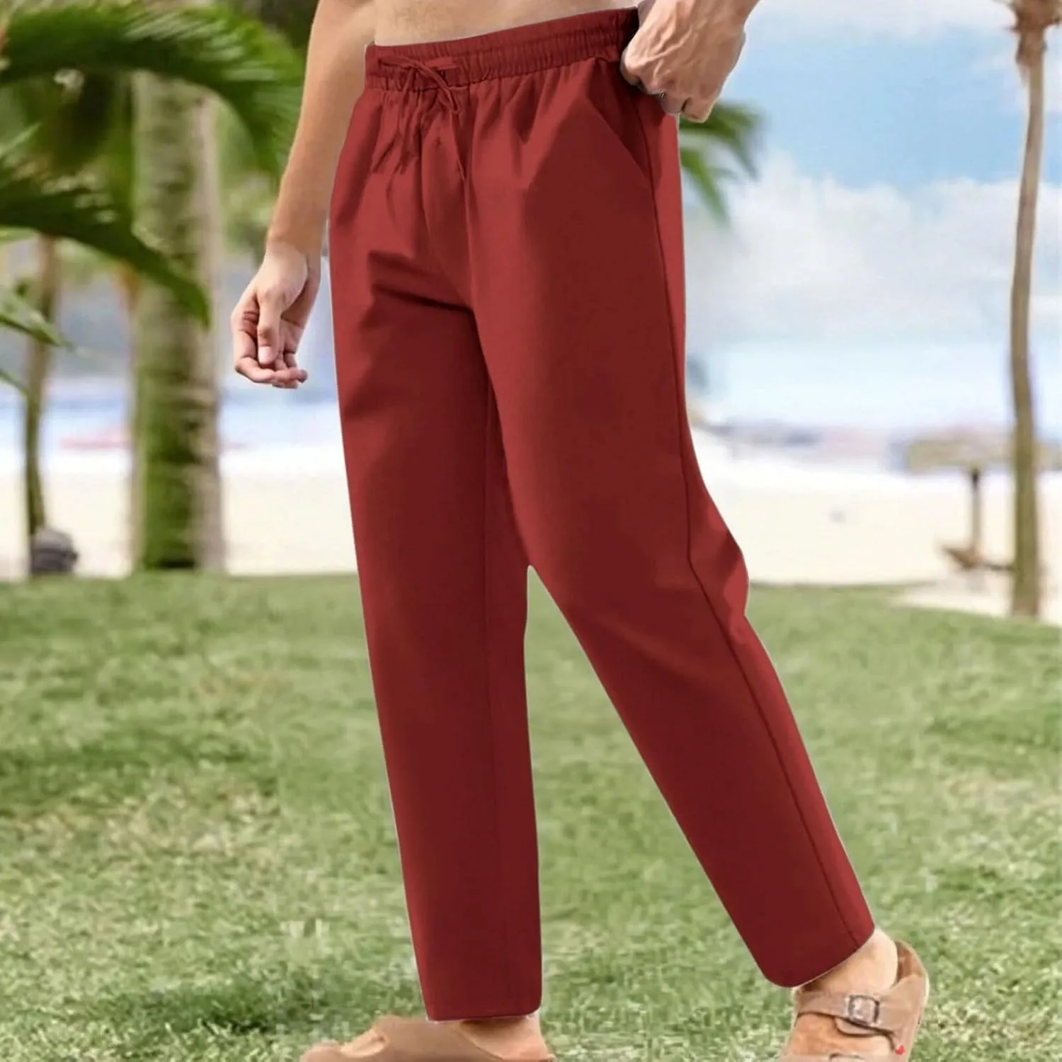 Mens Cotton Linen Pants Elastic Waist Casual Pants with Pockets Drawstring Pants Yoga Beach Summer Trousers