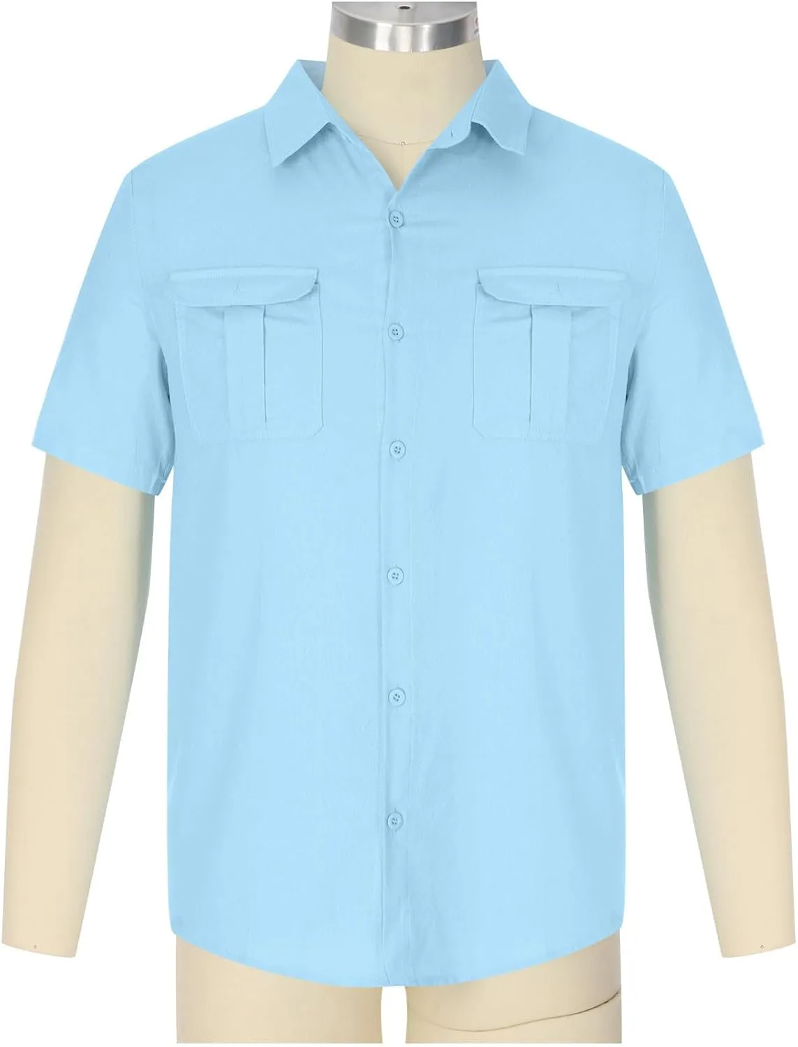 Mens Cotton Linen Shirts Button Down Casual Tshirt Textured Short Sleeve Shirts Summer Beach Outdoor Tee with Pockets