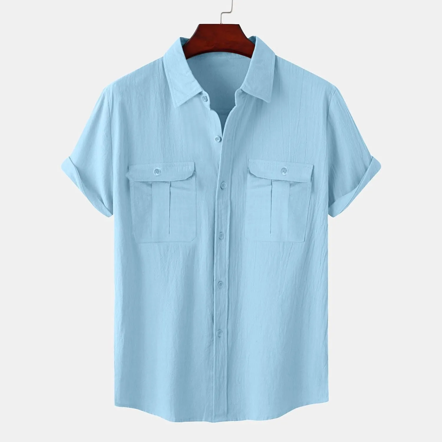 Mens Cotton Linen Shirts Button Down Casual Tshirt Textured Short Sleeve Shirts Summer Beach Outdoor Tee with Pockets
