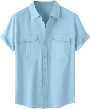 Mens Cotton Linen Shirts Button Down Casual Tshirt Textured Short Sleeve Shirts Summer Beach Outdoor Tee with Pockets