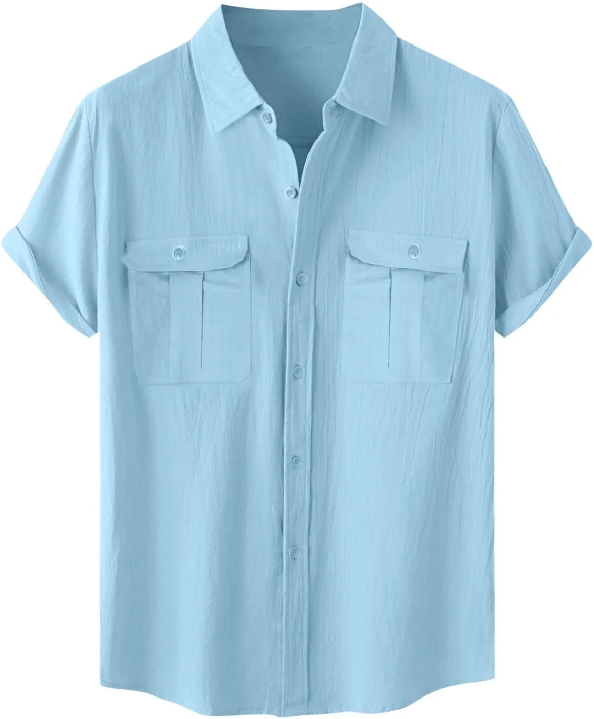 Mens Cotton Linen Shirts Button Down Casual Tshirt Textured Short Sleeve Shirts Summer Beach Outdoor Tee with Pockets