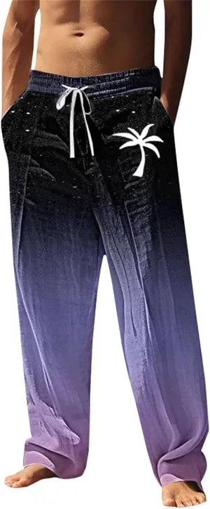 Mens Cotton Pants Coconut Tree Printed Drawstring Straight Leg Trousers Causal Baggy Summer Elastic Drawstring Waist