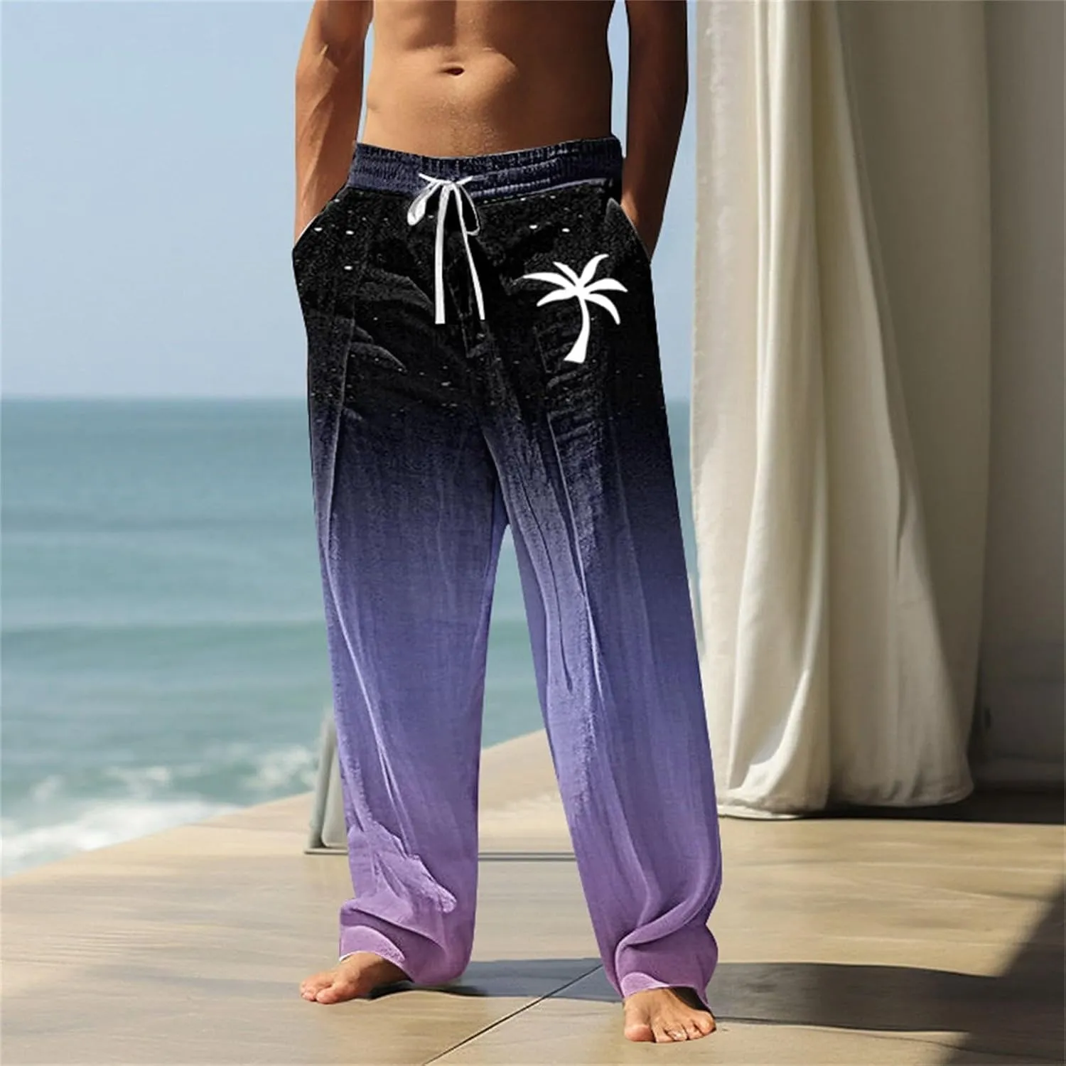 Mens Cotton Pants Coconut Tree Printed Drawstring Straight Leg Trousers Causal Baggy Summer Elastic Drawstring Waist