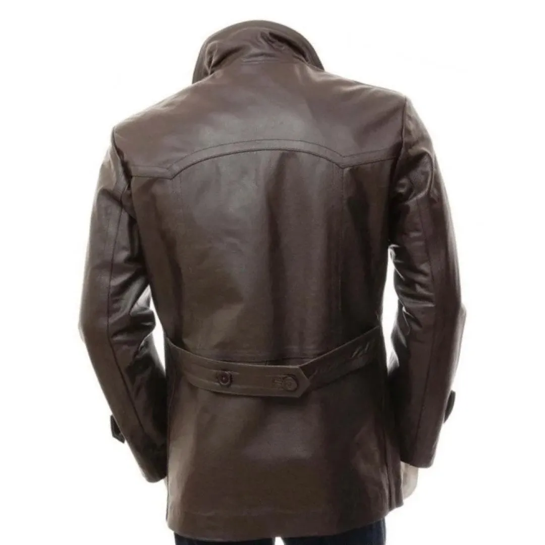 Mens Elegant Style Real Sheepskin Dark Brown Long Leather Coat