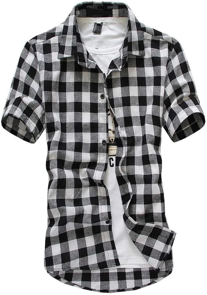 Mens Fashion Short Sleeve Flannel Shirts Slim Fit Causal Button Down Plaid Designer Shirts Camisas de Hombre