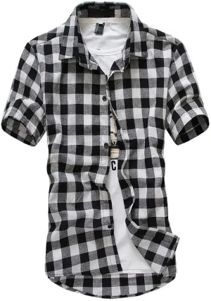 Mens Fashion Short Sleeve Flannel Shirts Slim Fit Causal Button Down Plaid Designer Shirts Camisas de Hombre