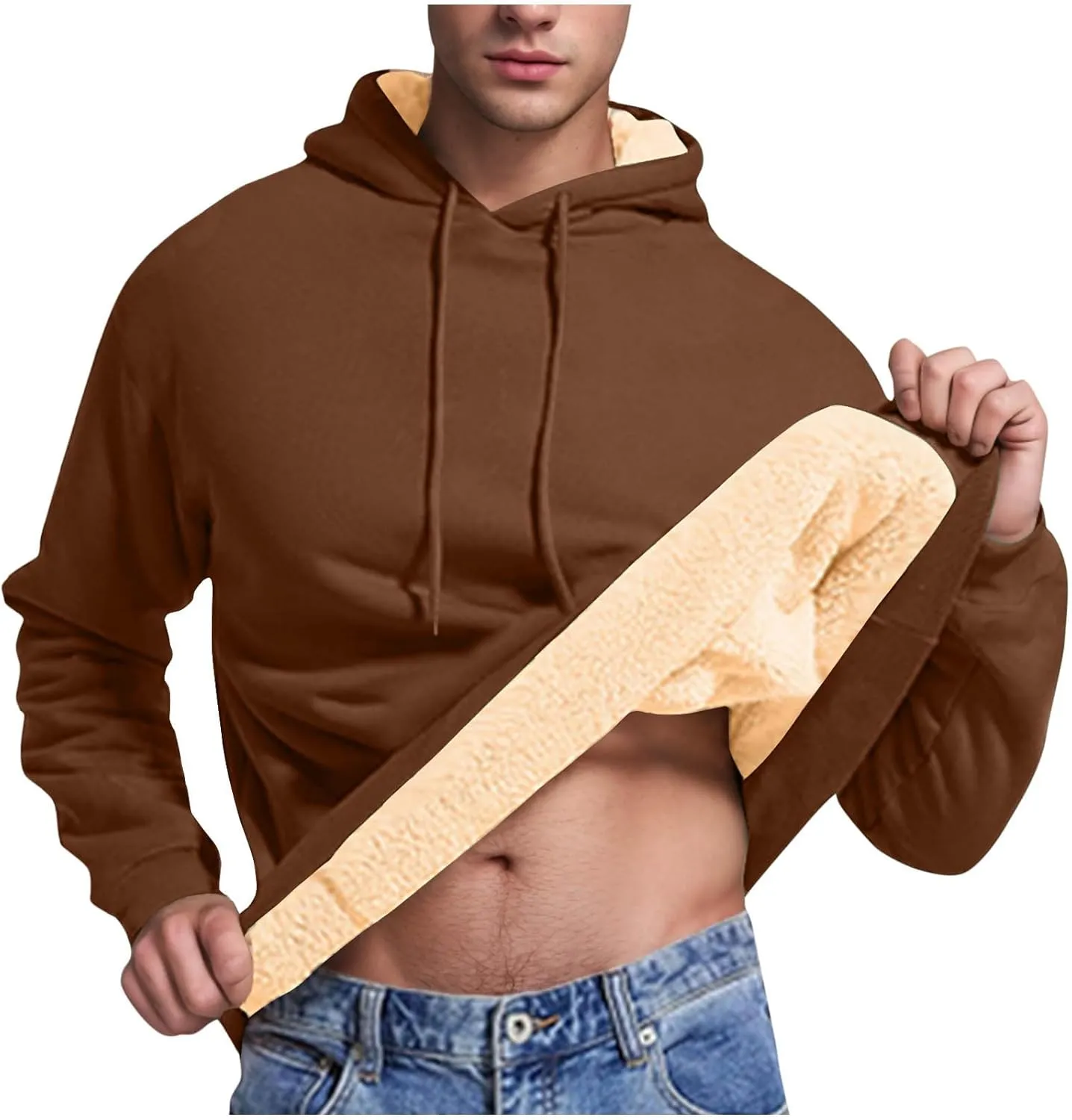 Mens Fleece Hoodie Casual Sherpa Pullover Drawstring Thick Warm Heavy Weight Hooded Sweatshirt Winter Clothes