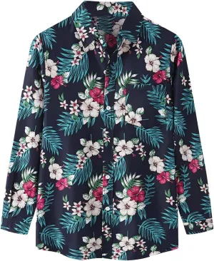 Mens Floral Hawaiian Shirts Long Sleeve Button Down Summer Beach Shirts Loose fit Comfy Holiday Print Shirts