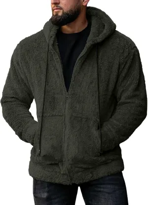 Mens Fuzzy Sherpa Hoodie Full Zip Up Drawstring Fleece Sweatshirts Cozy Thick Warm Big and Tall Winter Outerwear