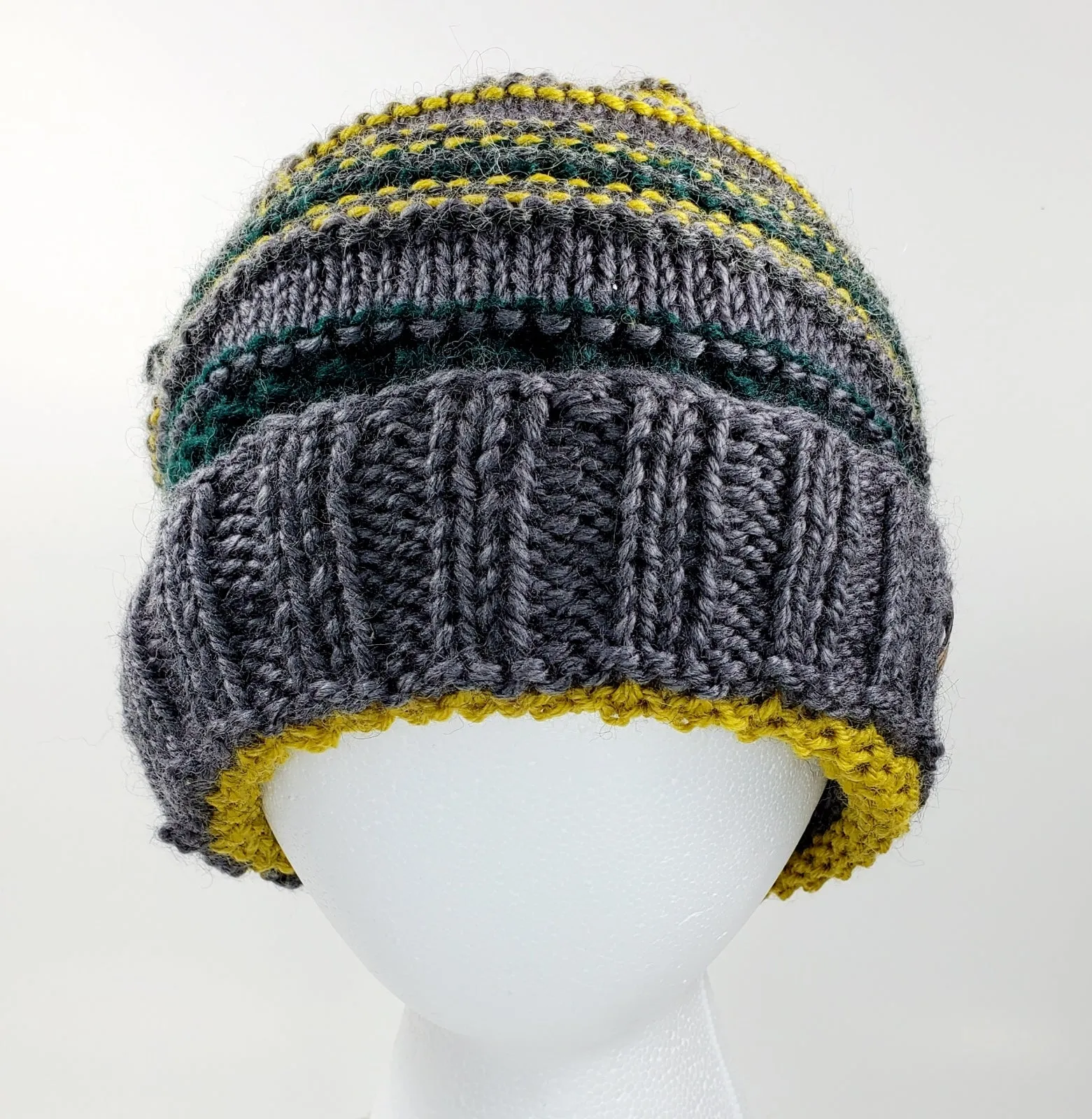 Men's GRAY, GREEN & YELLOW Alpaca and Wool Hat | Mega Stretchy Knitted Winter Beanie | Unisex | Ohio USA Made