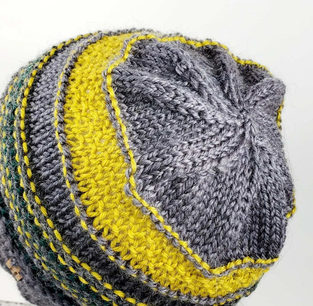 Men's GRAY, GREEN & YELLOW Alpaca and Wool Hat | Mega Stretchy Knitted Winter Beanie | Unisex | Ohio USA Made