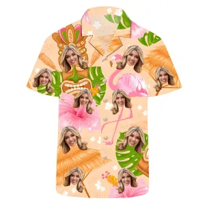 Men's Hawaiian Shirt Custom Face Photo Top Flamingo Print Short Sleeve Tee Aloha Shirts Gift for Him
