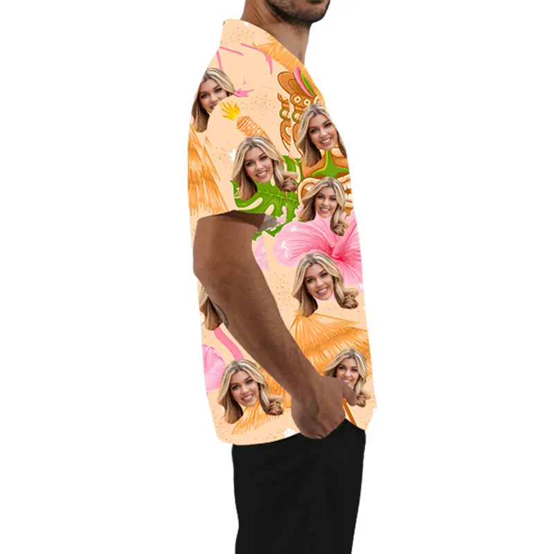 Men's Hawaiian Shirt Custom Face Photo Top Flamingo Print Short Sleeve Tee Aloha Shirts Gift for Him
