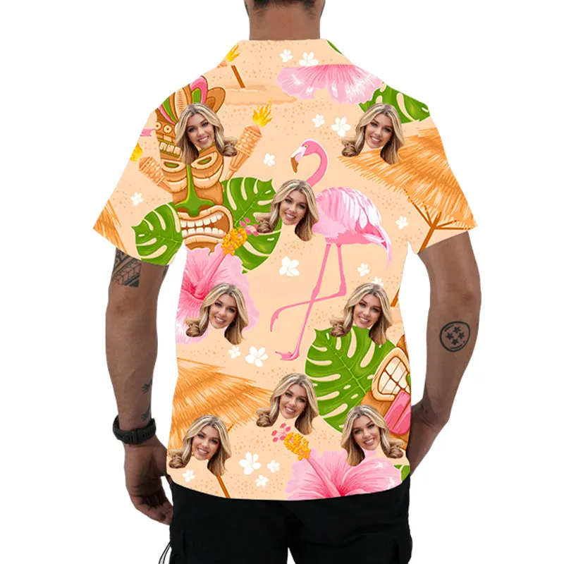 Men's Hawaiian Shirt Custom Face Photo Top Flamingo Print Short Sleeve Tee Aloha Shirts Gift for Him
