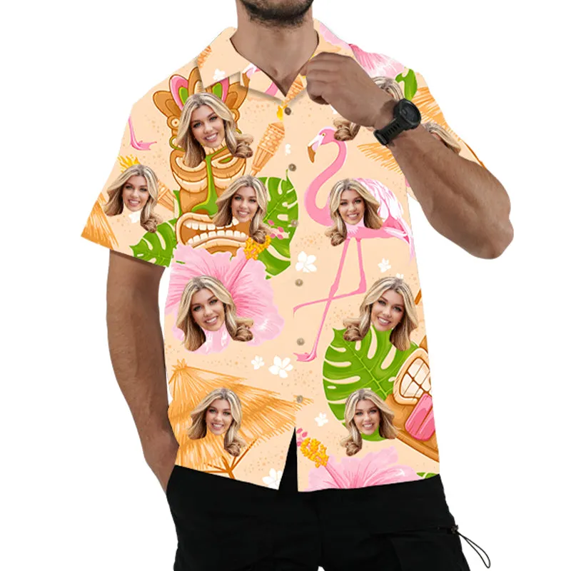 Men's Hawaiian Shirt Custom Face Photo Top Flamingo Print Short Sleeve Tee Aloha Shirts Gift for Him