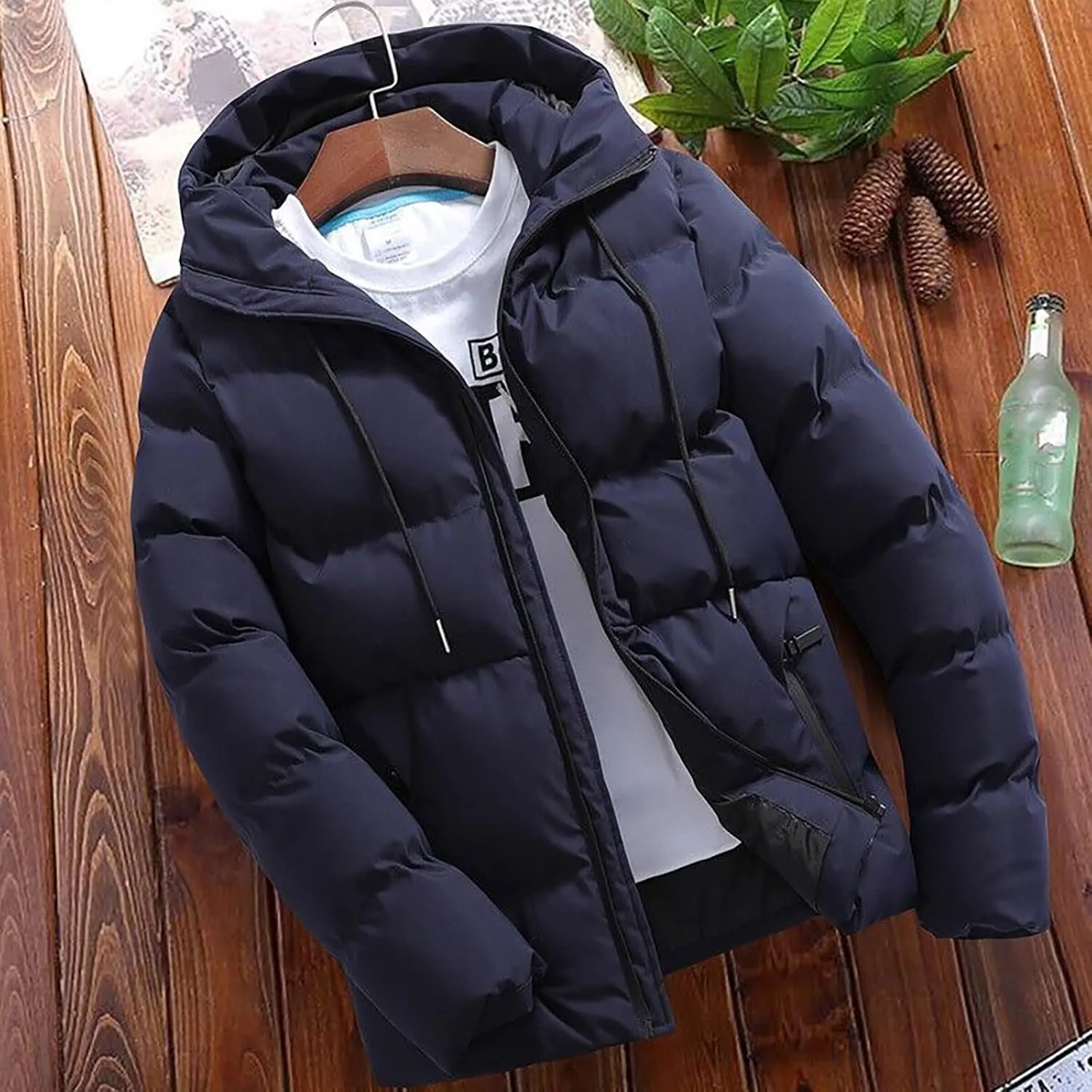 Men's Hooded Puffer Jacket Insulated Winter Coat for Snow Ski Traveling Zip Up Padded Down Jacket Winter Jackets Outerwear