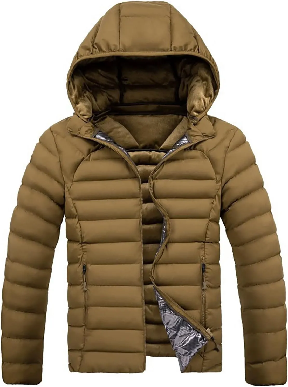 Mens Hooded Quilted Puffer Jacket Zip Up Padded Insulated Down Jacket Lightweight Puffer Coats Winter Snow Jackets Outerwear