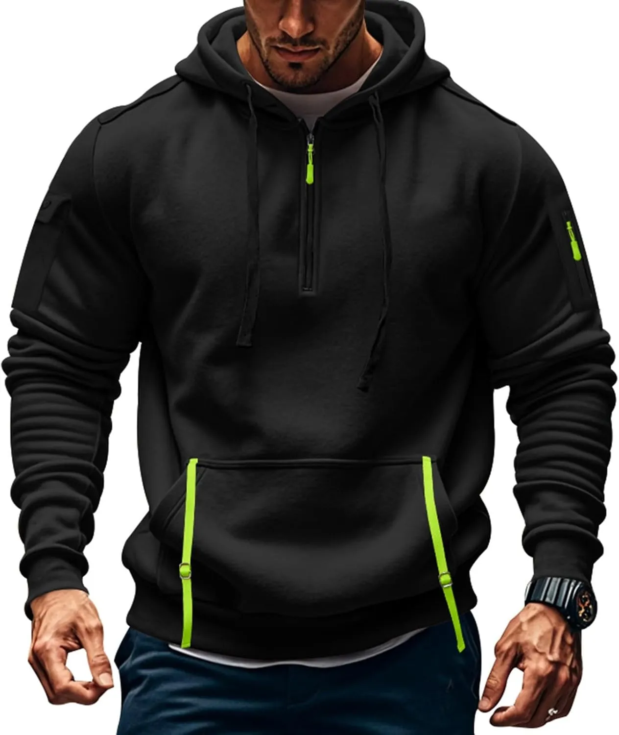 Men'S Hoodie Tactical Quarter Zip Pullover Oversized Sweatshirt Design Long Sleeve Streetwear Hoodies With Pockets