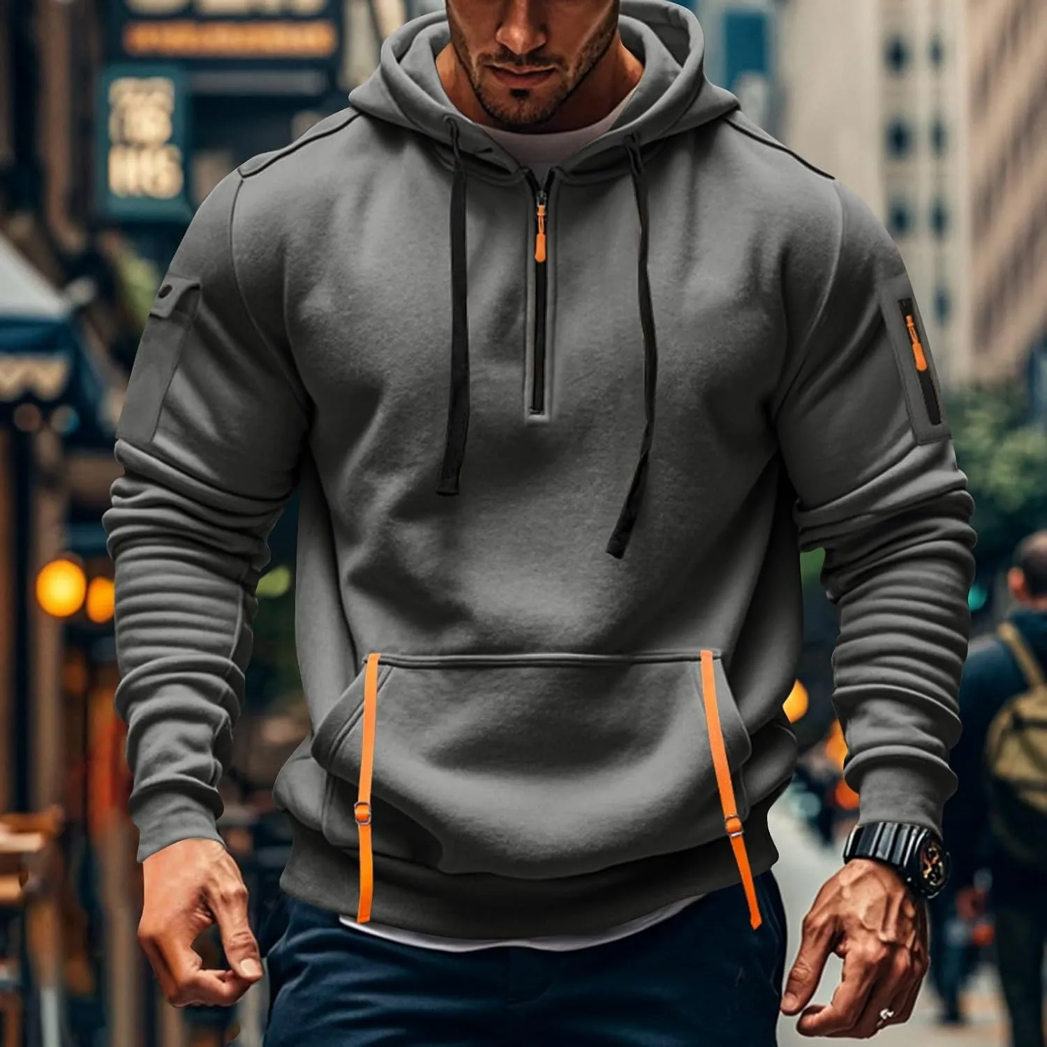 Men'S Hoodie Tactical Quarter Zip Pullover Oversized Sweatshirt Design Long Sleeve Streetwear Hoodies With Pockets