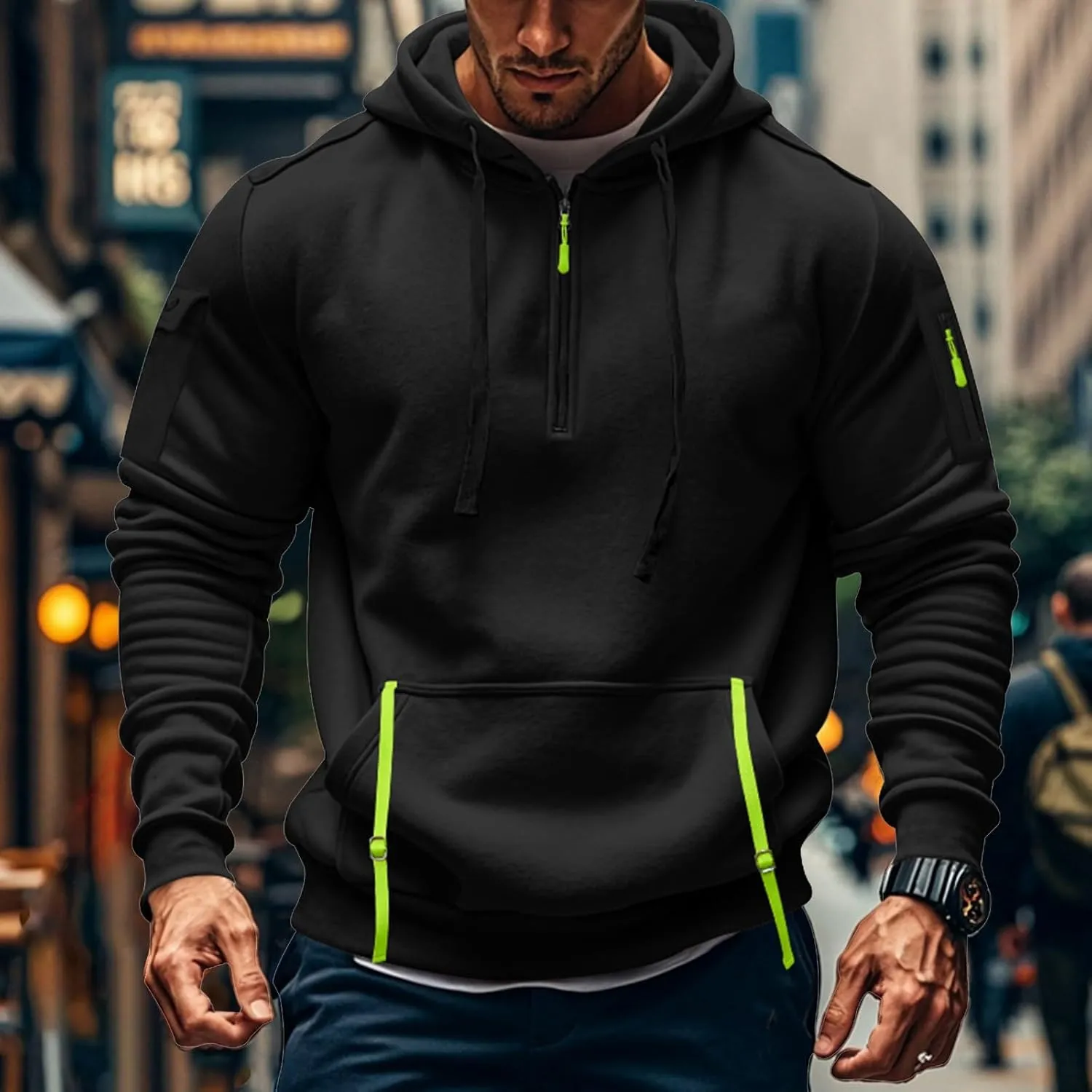 Men'S Hoodie Tactical Quarter Zip Pullover Oversized Sweatshirt Design Long Sleeve Streetwear Hoodies With Pockets