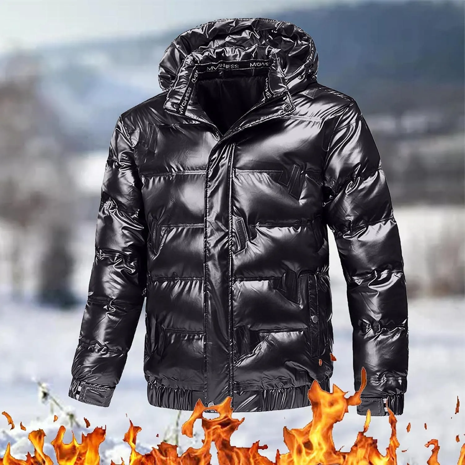 Mens Insulated Puffer Jacket Zip Up Padded Quilted Down Jacket with Removable Hood Thermal Windproof Winter Jackets Outerwear