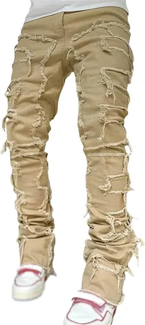 Mens Jeans Slim Fit Mens Stacked Jeans Slim Fit Ripped Skinny Stretch Jeans Distressed Straight Denim Pants Hip Hop