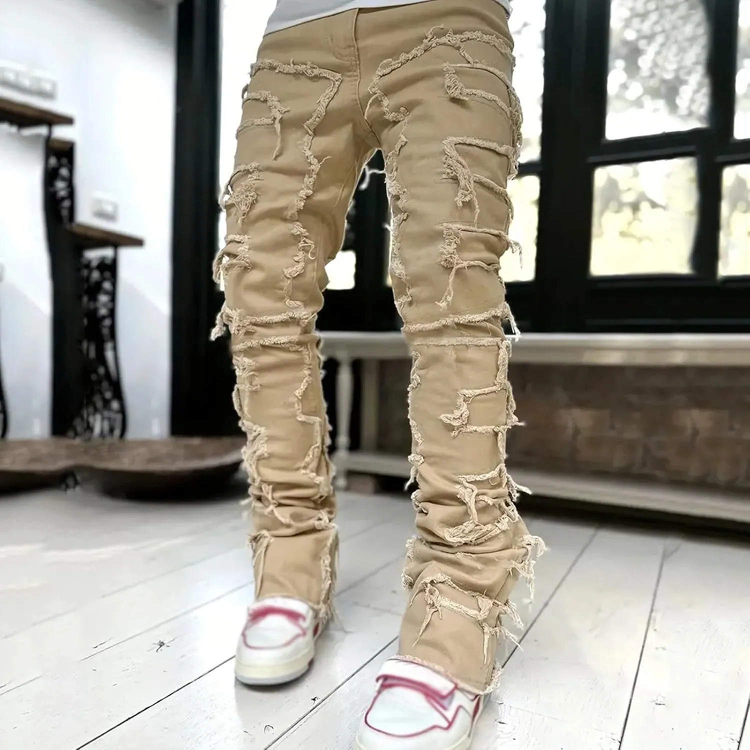 Mens Jeans Slim Fit Mens Stacked Jeans Slim Fit Ripped Skinny Stretch Jeans Distressed Straight Denim Pants Hip Hop