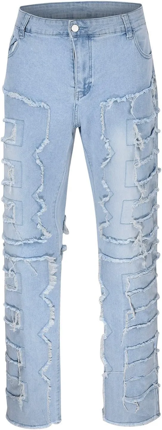 Mens Jeans Slim Fit Stretch Men 's Ripped Stacked Jeans Distressed Destroyed Skinny Demin Pants Slim Fit Trousers