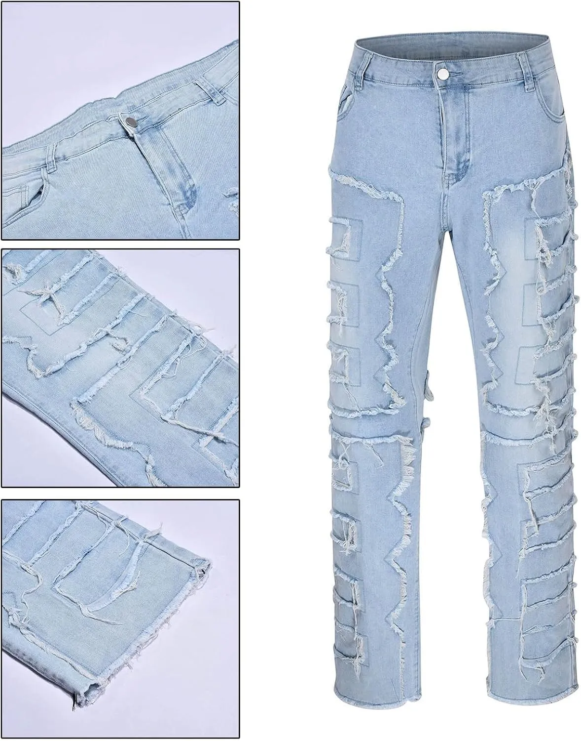Mens Jeans Slim Fit Stretch Men 's Ripped Stacked Jeans Distressed Destroyed Skinny Demin Pants Slim Fit Trousers